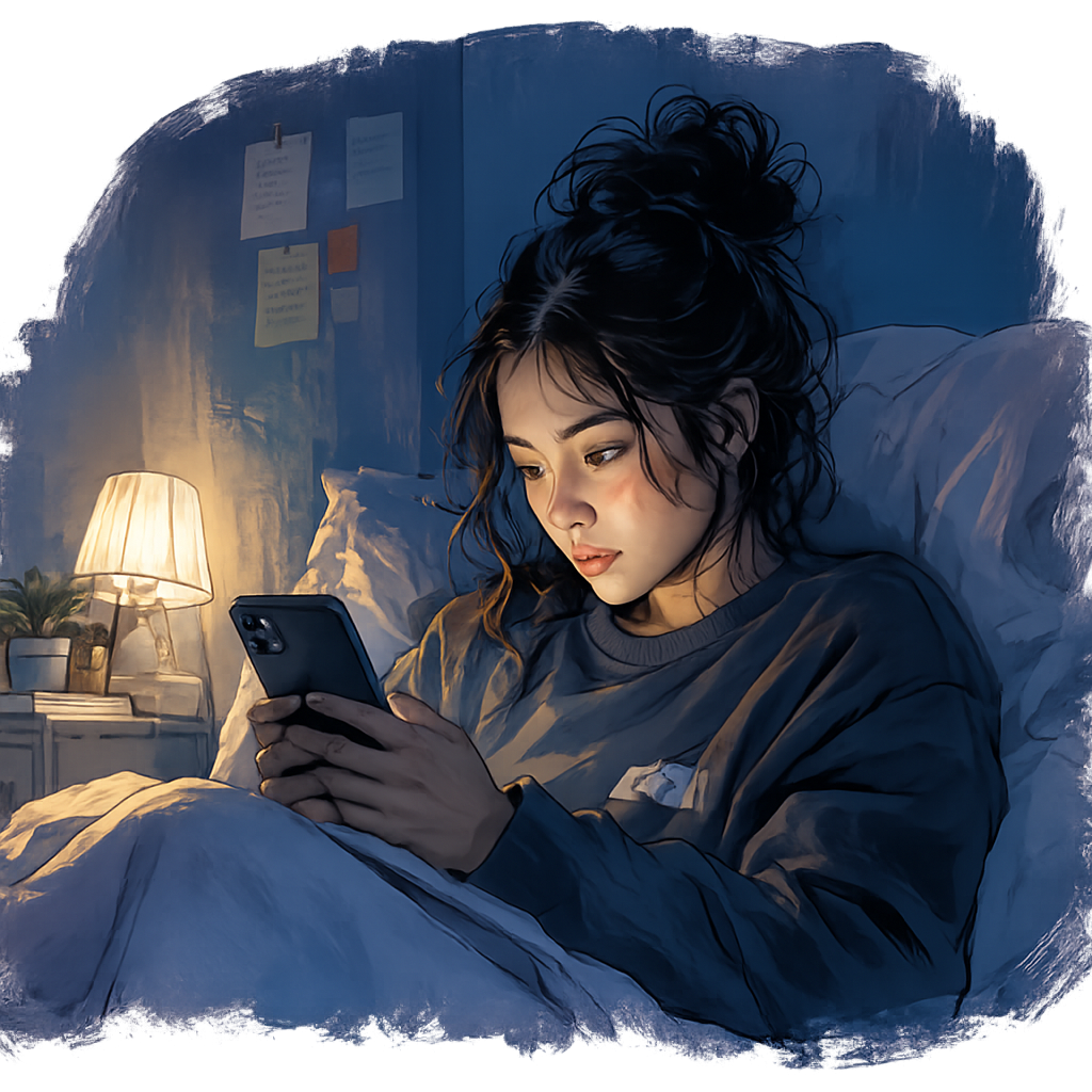 Mia sitting in bed at night, looking at her phone beside a warm bedside lamp