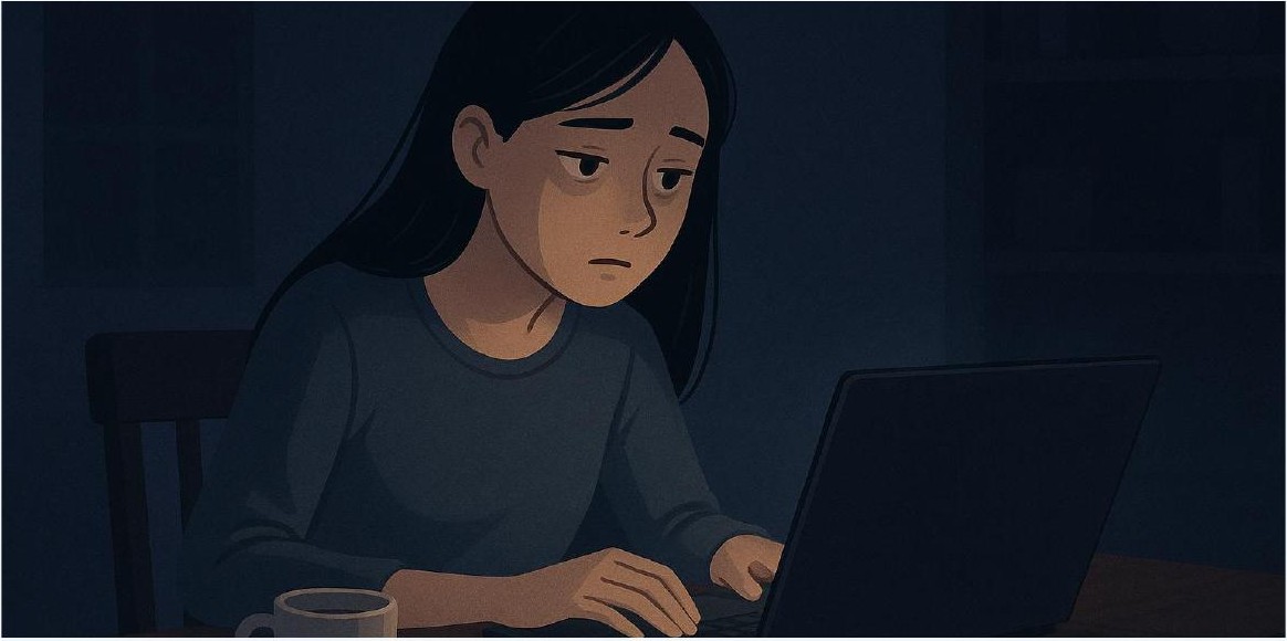 Mia studying late at night on her laptop