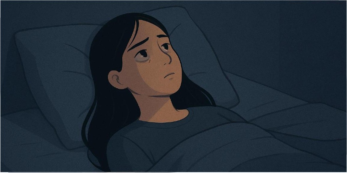 Mia lying awake with unfinished tasks on her mind