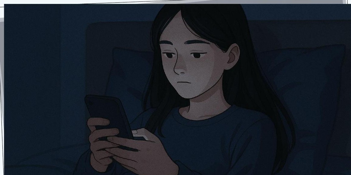 Mia scrolling on her phone in bed