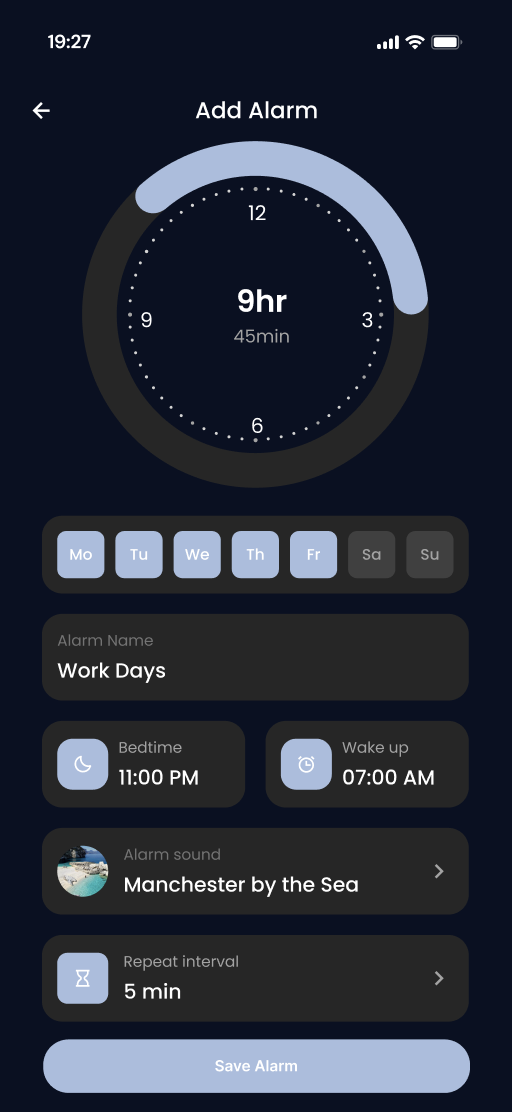 NightShift add alarm screen