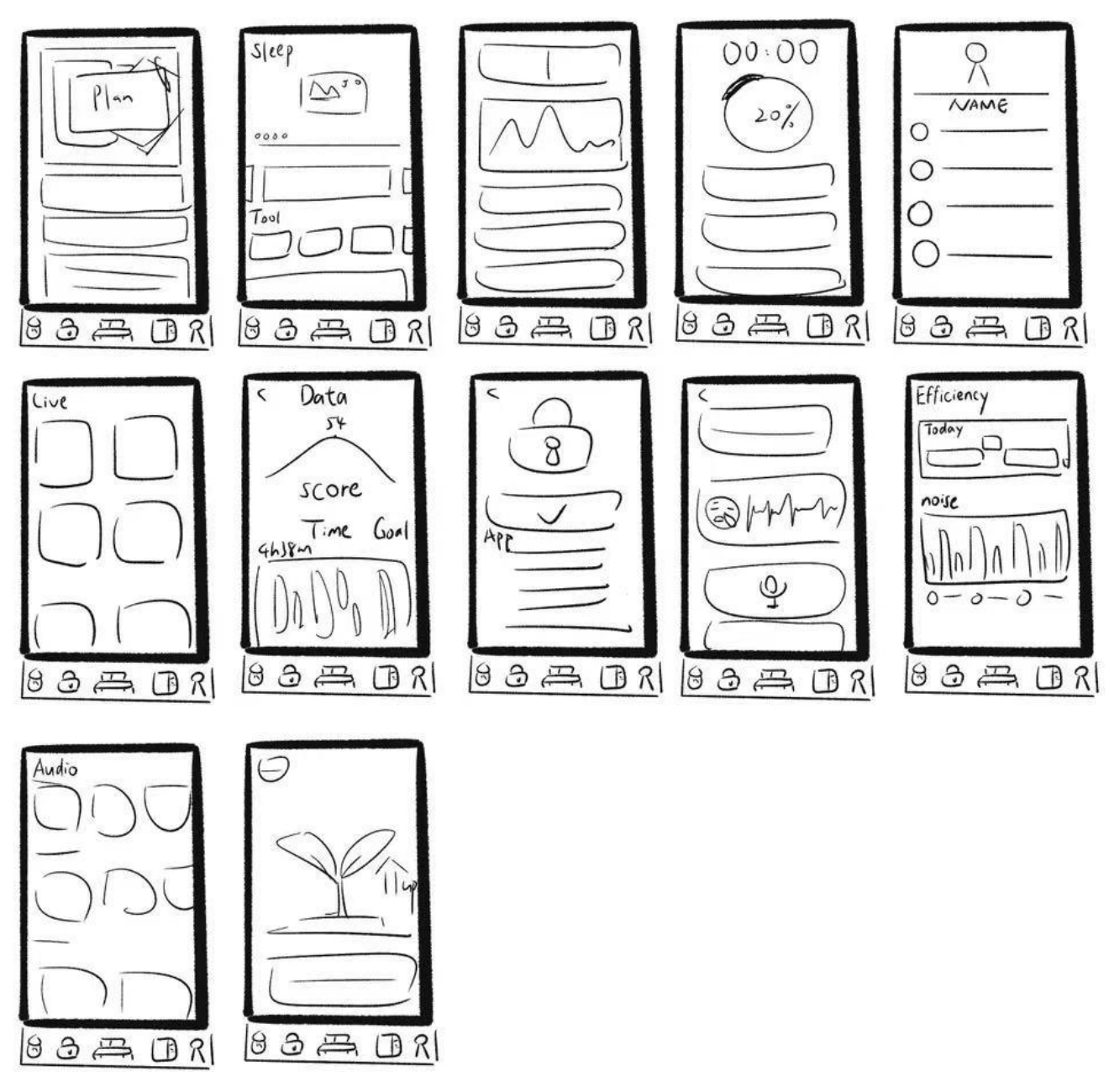 NightShift low-fidelity hand sketch screens
