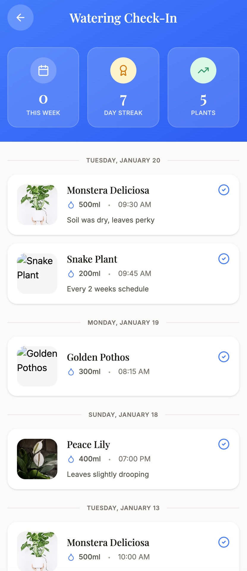 PlantPal watering check-in screen
